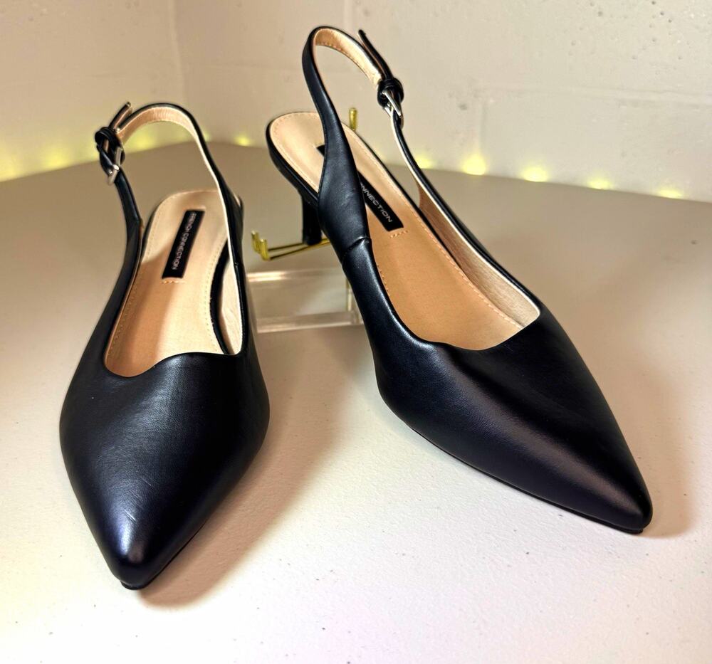 French Connection Quinn Black Pointed Toe Slingback Kitten Heel Pumps US 7.5